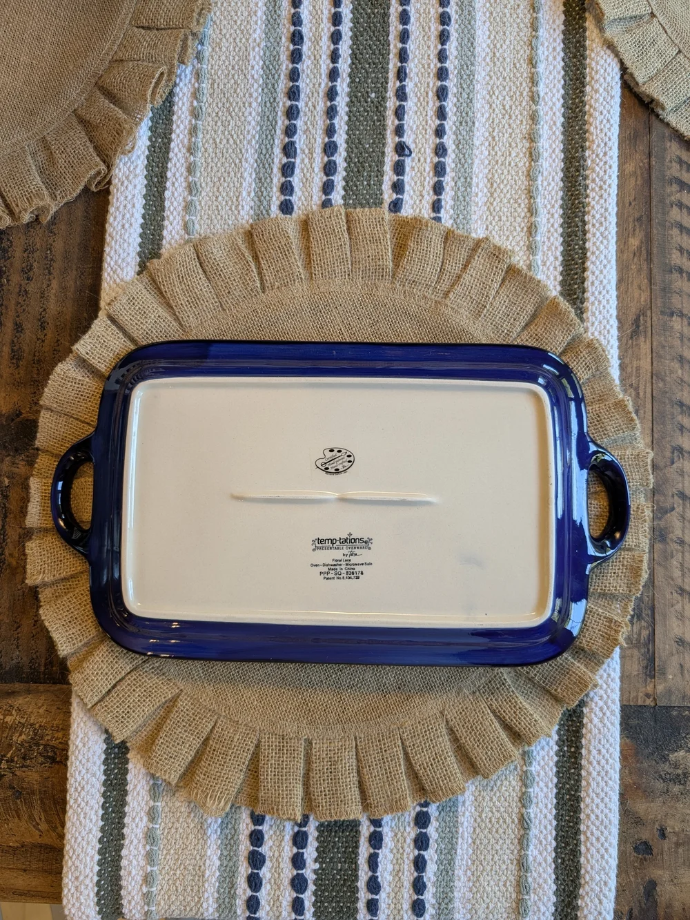 Temp-tations Blue Floral Lace Ceramic Serving Platter with Handles
